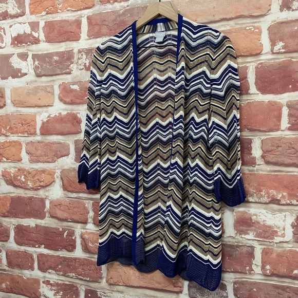 Chicos Travelers Cardigan Womens Small 0 Blue Gold Multicolor Chevron Sweater - Picture 3 of 10